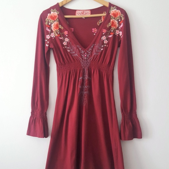 Johnny Was Dresses & Skirts - JOHNNY WAS LA FLORAL EMBROIDERED MAROON DRESS